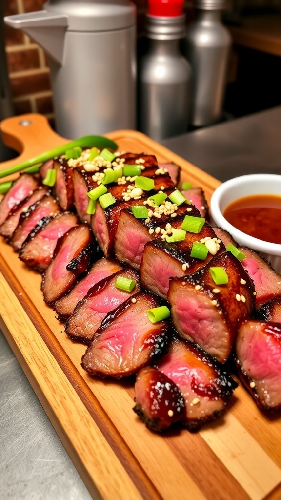 Juicy hibachi steak garnished with sesame seeds and green onions on a wooden board.